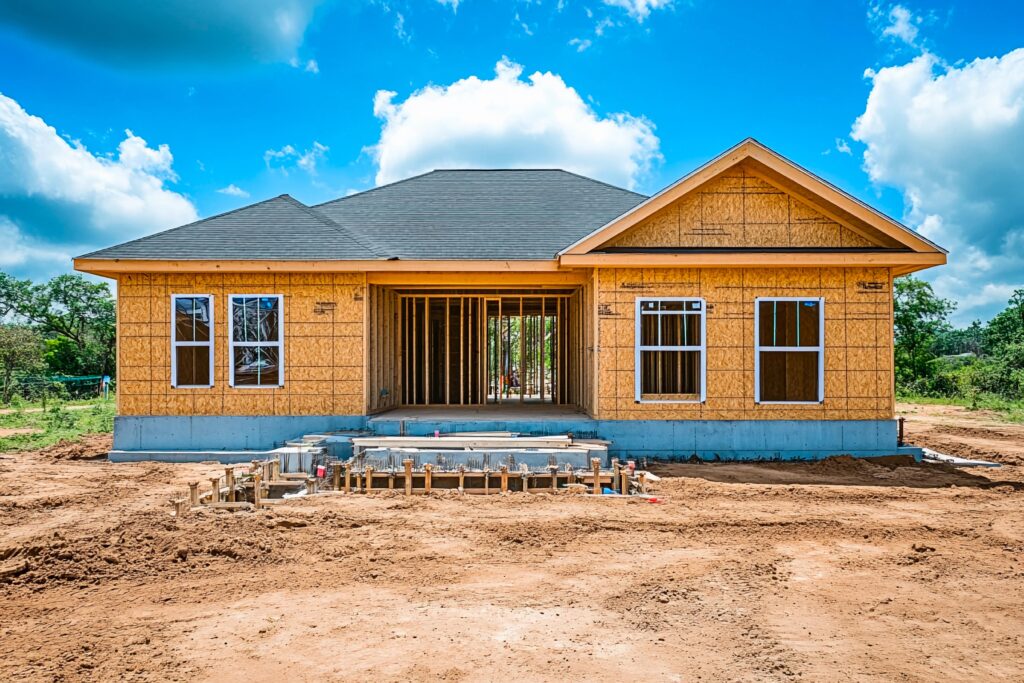 New construction home in progress under a bright blue sky, representing real estate development opportunities from the article "Conventus’ Expansion to Oregon: New Markets, New Opportunities for Investors", featuring the keyword Conventus Oregon expansion.