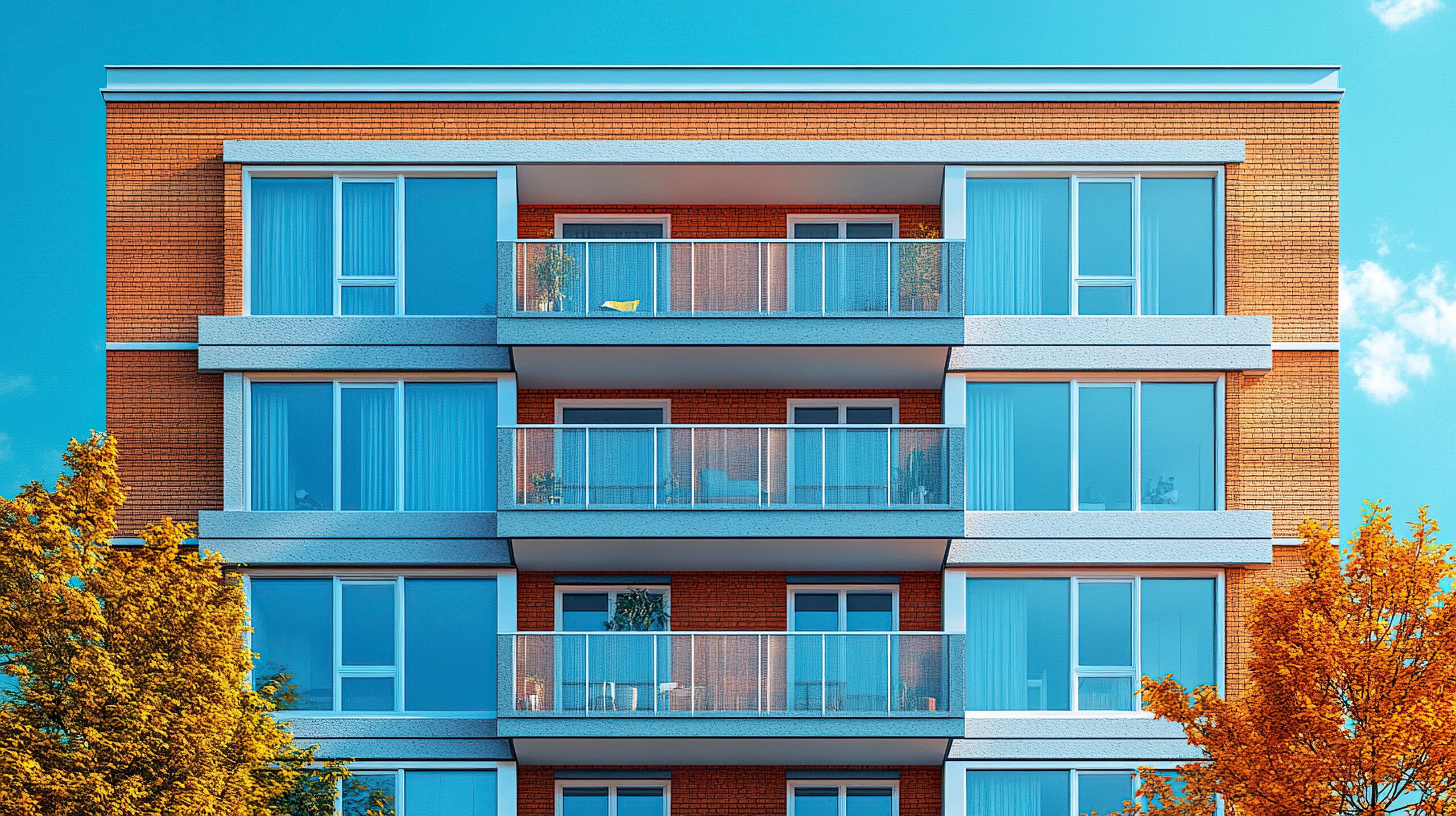 Modern multifamily apartment building with glass balconies and autumn trees under a clear blue sky — illustrating the article "2025 Multifamily Moves: Where to Start, What to Watch" and representing the keyword multifamily.