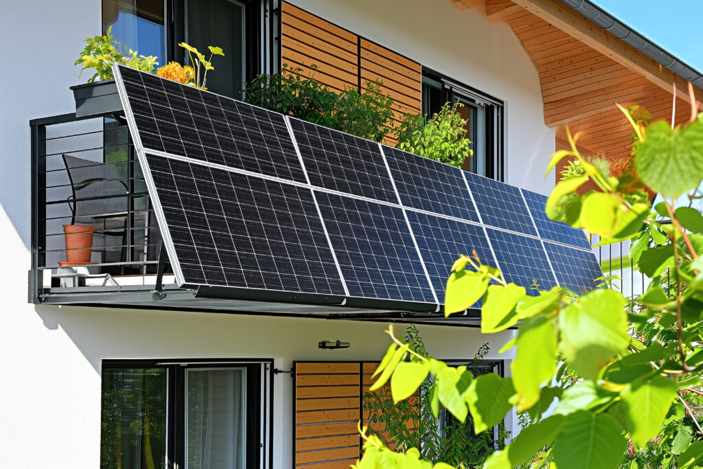Modern balcony equipped with solar panels and smart plants, representing eco-friendly smart home technology featured in the article "Smart Home Technology: An Upgrade That Pays" and highlighting the keyword smart home technology.