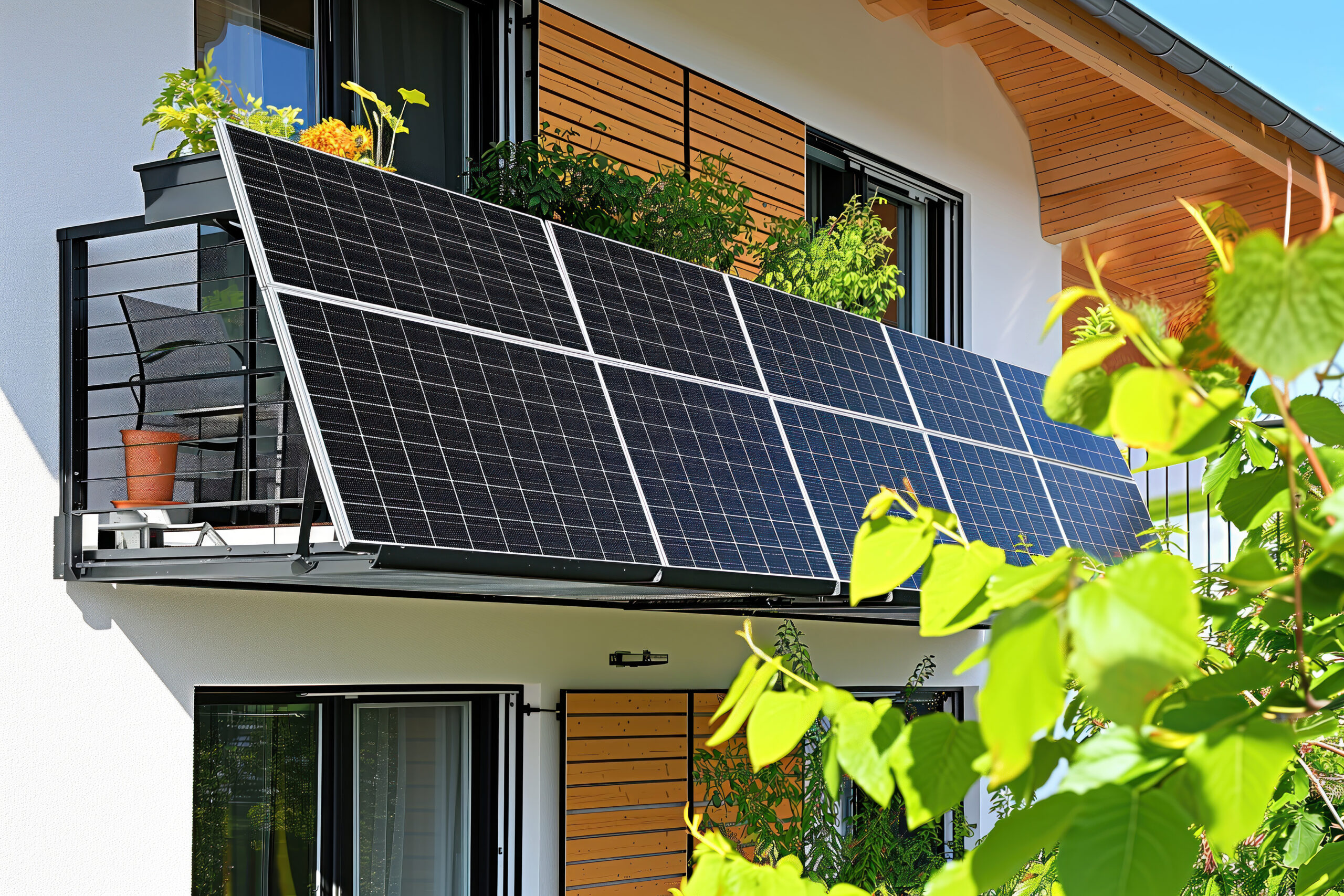 Modern balcony equipped with solar panels and smart plants, representing eco-friendly smart home technology featured in the article "Smart Home Technology: An Upgrade That Pays" and highlighting the keyword smart home technology.