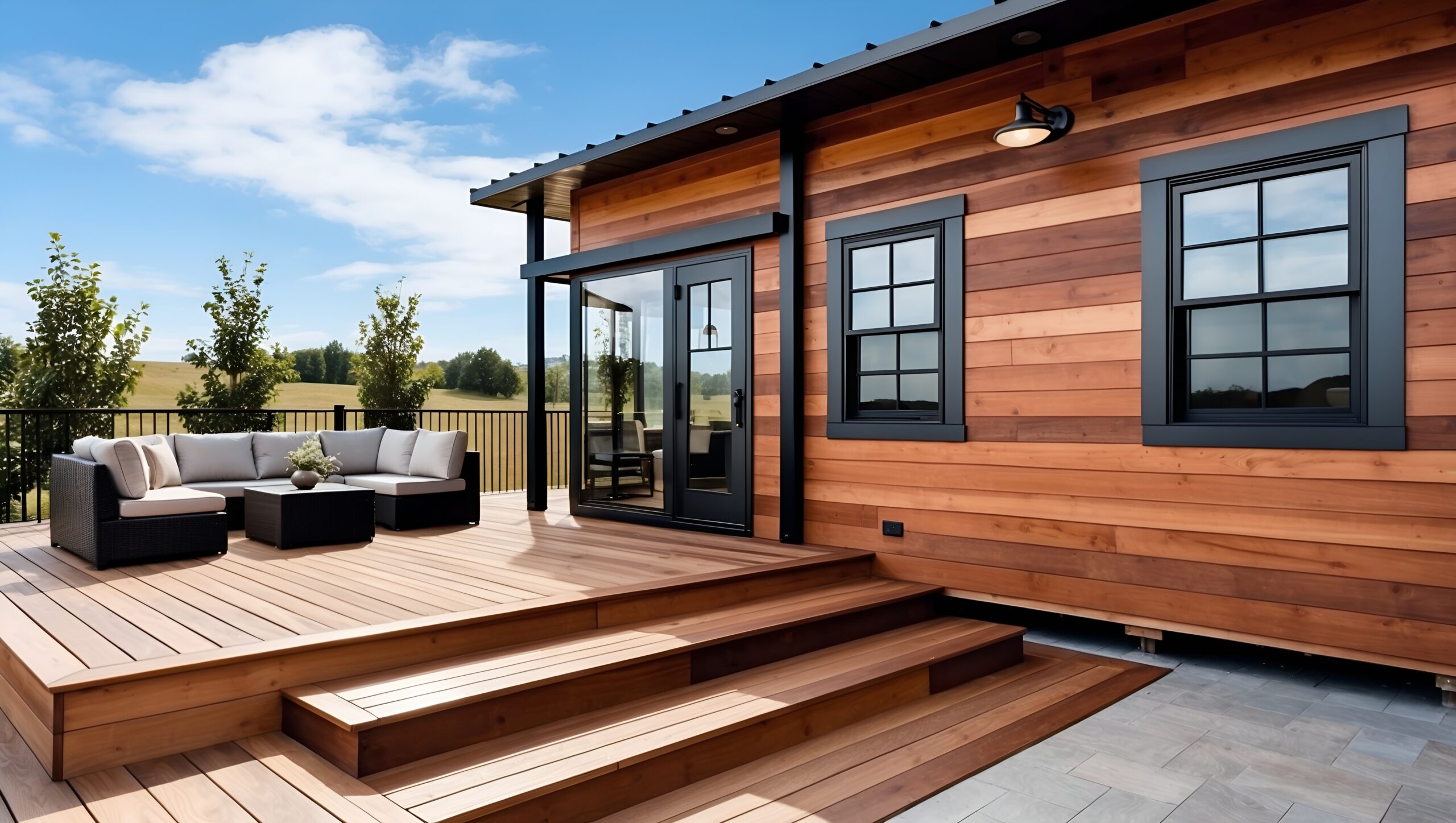 Modern wooden deck attached to a small contemporary home, overlooking an open field under a blue sky—illustrating rural development and lifestyle shifts tied to current private lending trends.
